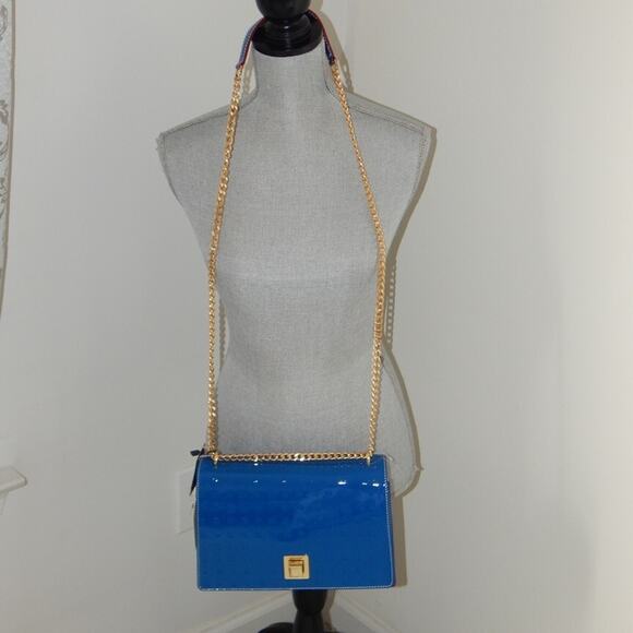 ARCADIA Genuine Patent Leather Flap Chain Crossbody Bag Sapphire Blue Italy NWT - Picture 2 of 13